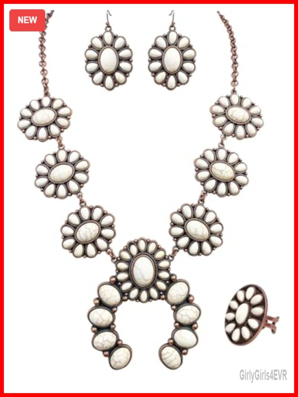 3 Pc Western Turquoise Jewelry Set Necklace Earrings Ring